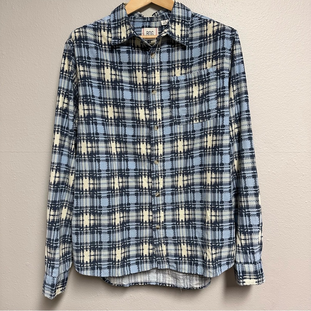 BDG Mens Large Blue Cream Plaid Corduroy Long Sleeve Button Up Shirt Casual NWT